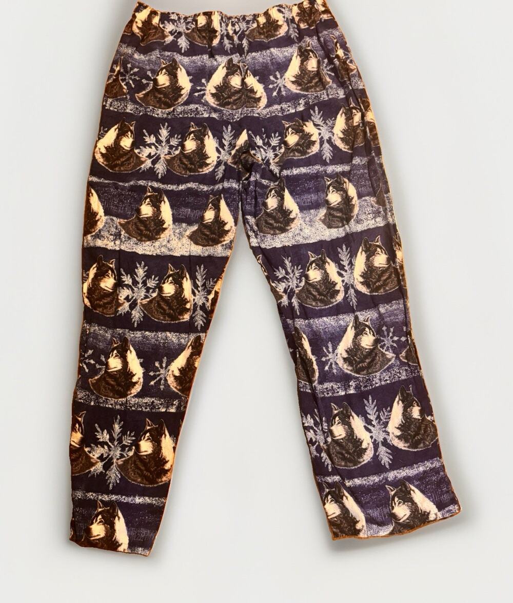 Wolf Husky Fleece Pajama Lounge Pants Adult L XL Blue Winter Snowflake Vintage